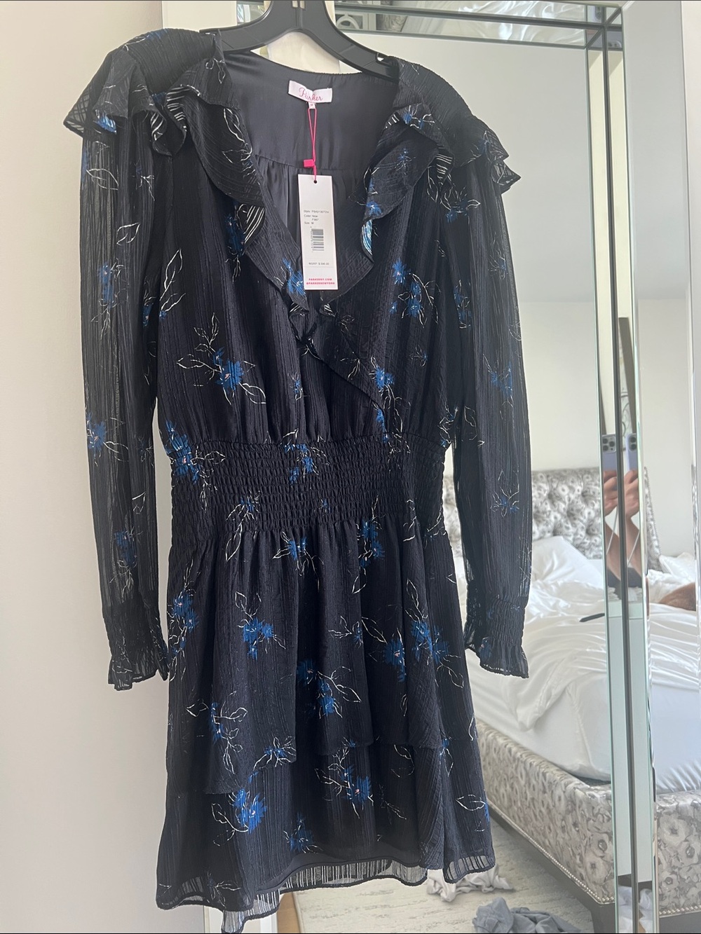 Parker Black Floral Long-Sleeve Ruffle Dress with Blue Accents